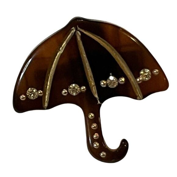 Vintage Celluloid Umbrella Pin Brooch Brown Rhinestones 1” Translucent - Picture 2 of 4